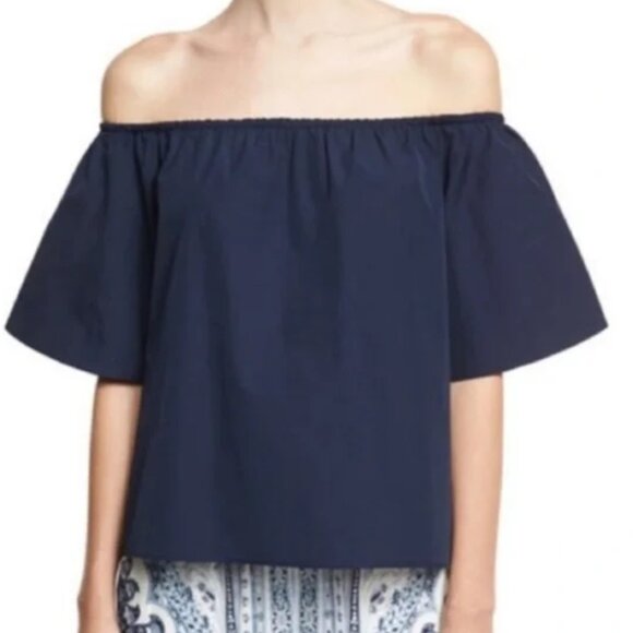 Alice + Olivia Split Back Off the Shoulder Coastal Crosby Top Blouse Navy Sz XS - Picture 4 of 13